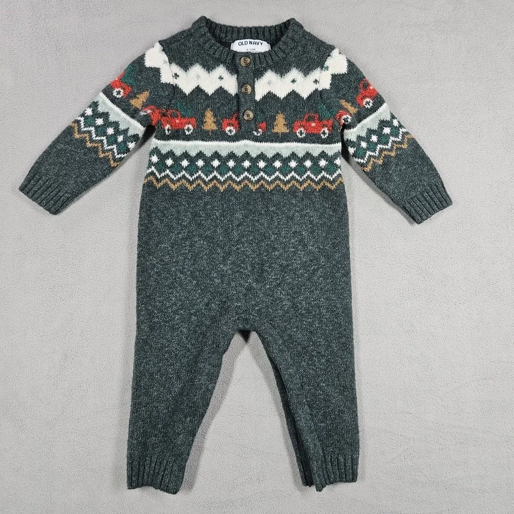 Old Navy SoSoft Sweater-Knit Henley One-Piece Baby 6-12 Months Trucks Christmas
